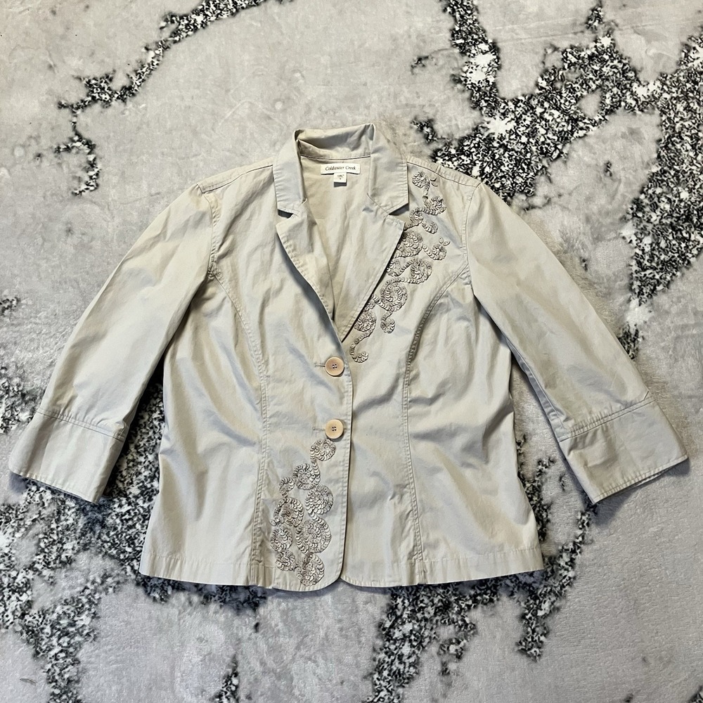 Coldwater Creek Jacket Womens Sz 6 Beige‎ Cotton with Floral Embroidery